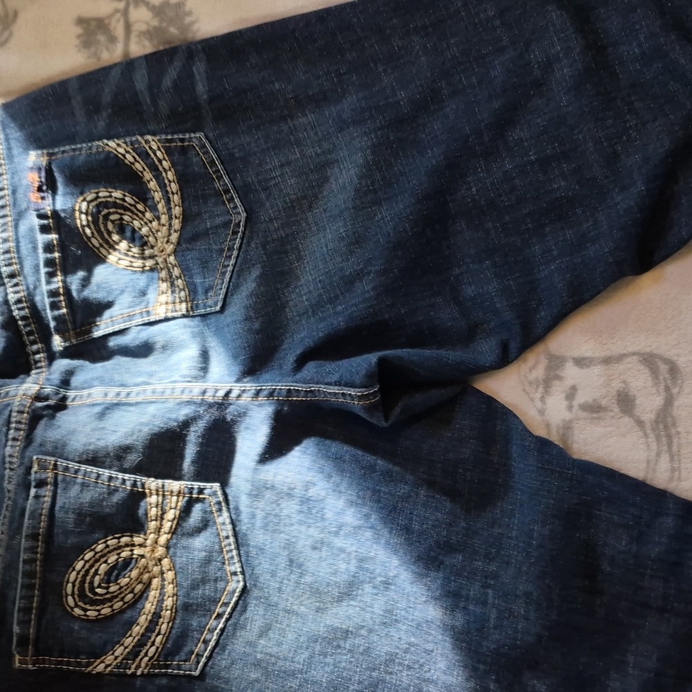 Seven7 Medium Blue Flare Jeans with Swirl Embroidery